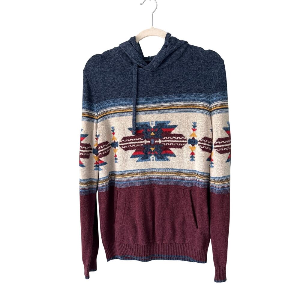American Eagle Navy Aztec Long Sleeve Hooded Wool Blend Sweater Small